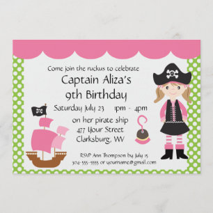 Customizable Pink Pirate Girl Birthday Party Invitation