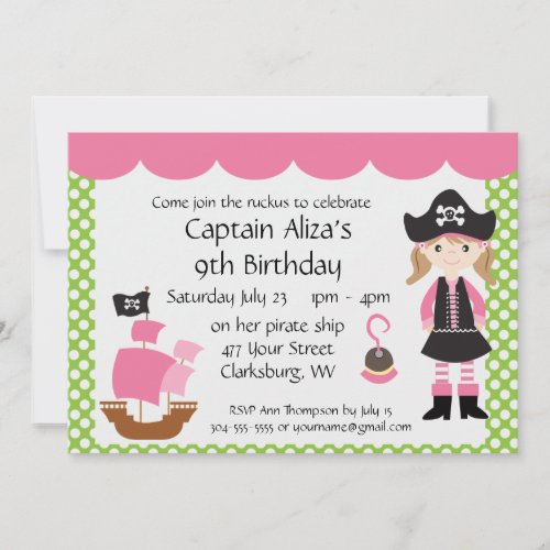Customizable Pink Pirate Girl Birthday Party Invite