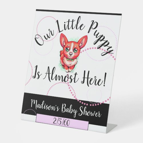 Customizable Pink  Red Puppy Dog Girl Baby Shower Pedestal Sign