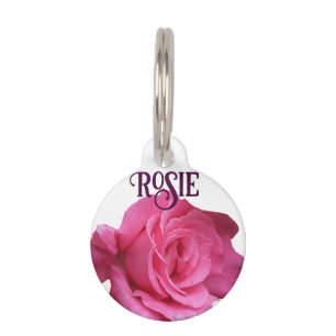Customizable pink rose floral Rosie dog cat name Pet ID Tag
