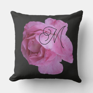 Customizable pink rose M monogram personal black Throw Pillow