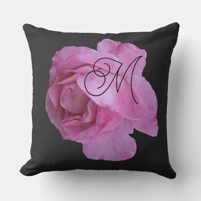 Customizable pink rose M monogram personal black Throw Pillow (Front)