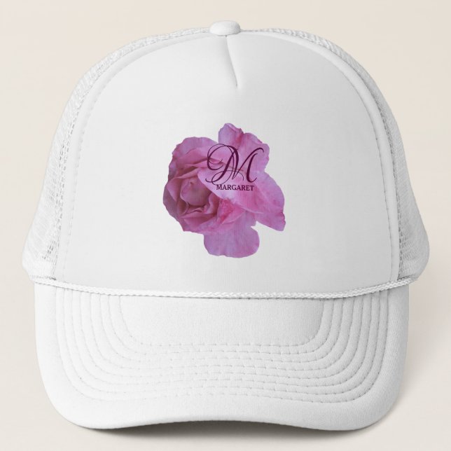 Customizable pink rose Margaret name trendy boho Trucker Hat (Front)