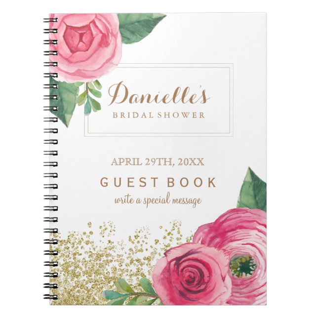 Customizable Pink Roses Bridal Shower Guest Book (Front)