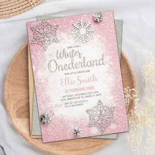 Customizable Pink Silver Glitter Winter Onederland Invitation
