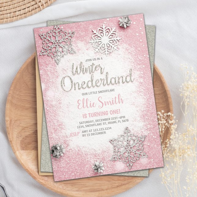 Customizable Pink Silver Glitter Winter Onederland Invitation (Pink Silver Glitter Winter ONEderland Invitations)
