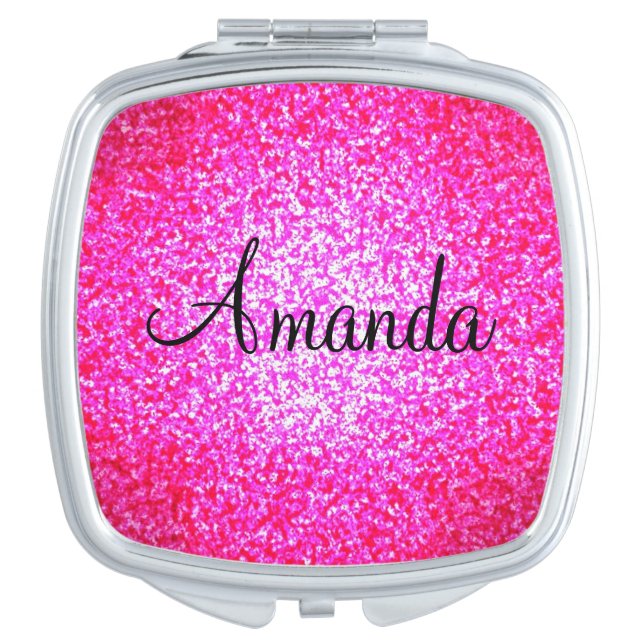 Customizable pink sparkly glitter compact mirror (Front)