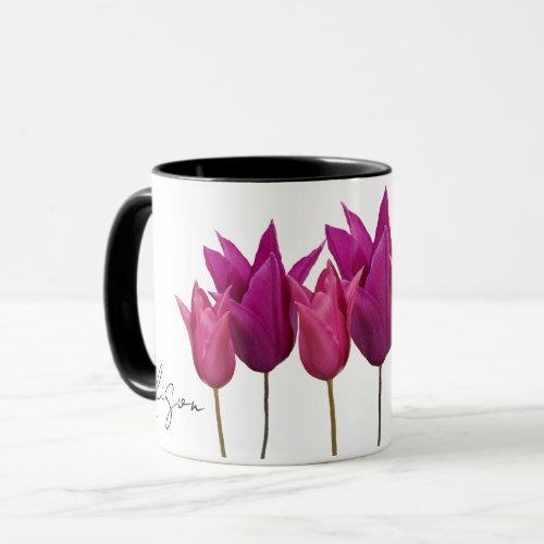 Customizable pink tulip floral Alison name black Mug