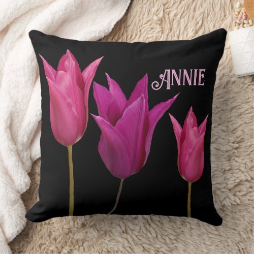 Customizable pink tulips name Annie personal black Throw Pillow