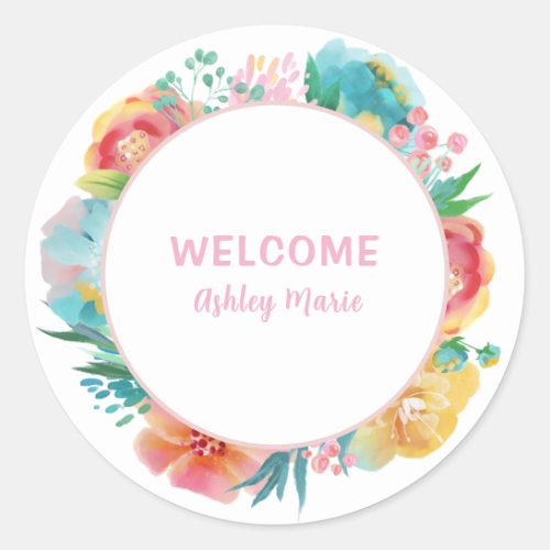 Customizable Pink Watercolor Floral Baby Shower  C Classic Round Sticker
