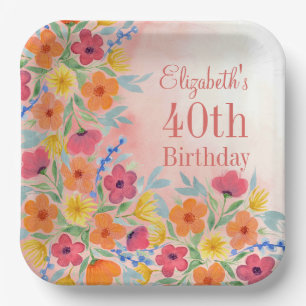 Customizable Pink Watercolor Florals Birthday Paper Plates