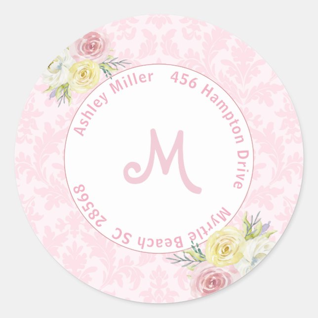 Customizable Pink Watercolor Flowers Address  Classic Round Sticker (Front)