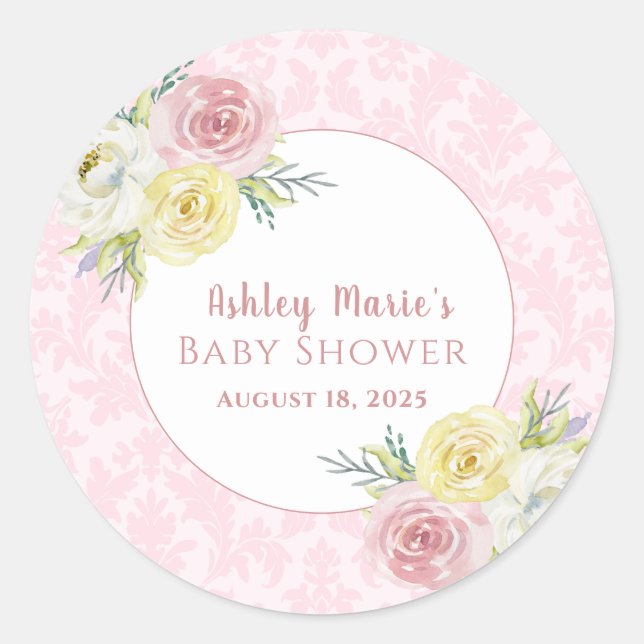 Customizable Pink Watercolor Flowers Baby Shower Classic Round Sticker (Front)