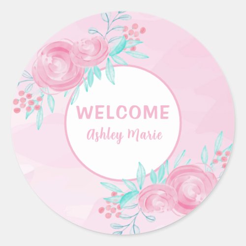 Customizable Pink Watercolor Flowers Welcome Baby  Classic Round Sticker