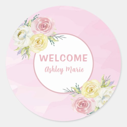 Customizable Pink Watercolor Flowers Welcome Baby  Classic Round Sticker