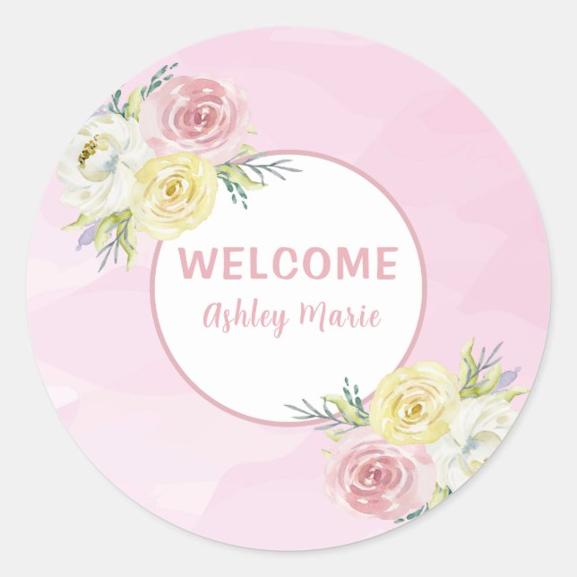 Customizable Pink Watercolor Flowers Welcome Baby  Classic Round Sticker (Front)
