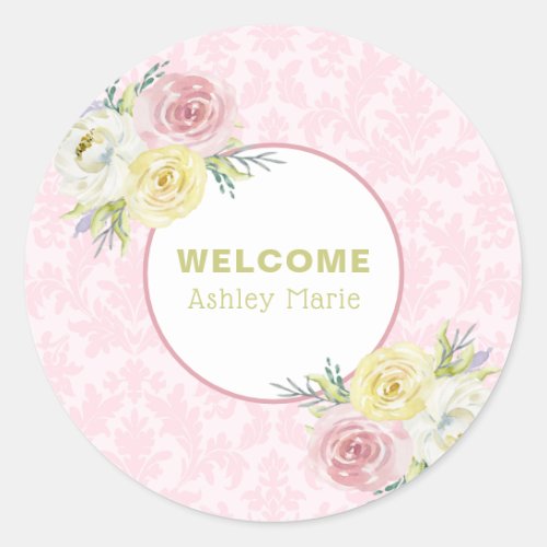 Customizable Pink Watercolor Flowers Welcome Baby Classic Round Sticker