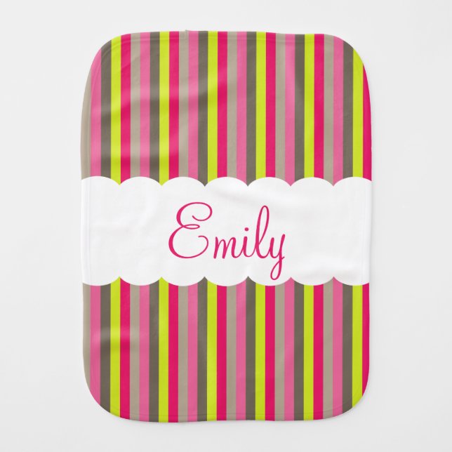 Customizable Pink White Green Stripes Pattern Baby Burp Cloth (Front)