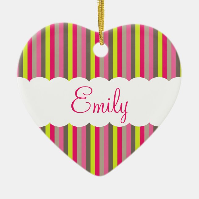 Customizable Pink White Green Stripes Pattern Ceramic Ornament (Front)