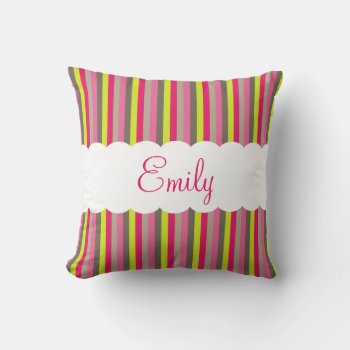 Customizable  Pink White Green Stripes Pattern Throw Pillow by VintageDesignsShop at Zazzle