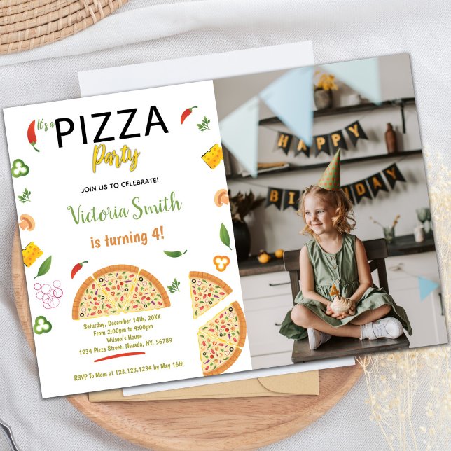Customizable Pizza Party Invitations for Kids (Chili Pizza Birthday Invitations with photo)