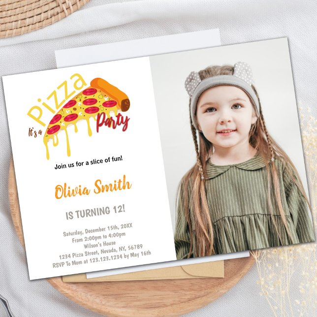 Customizable Pizza Party Invitations for Kids (Slice Pizza Birthday Invitations with photo)