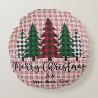 Customizable Plaid Merry Christmas Round Pillow