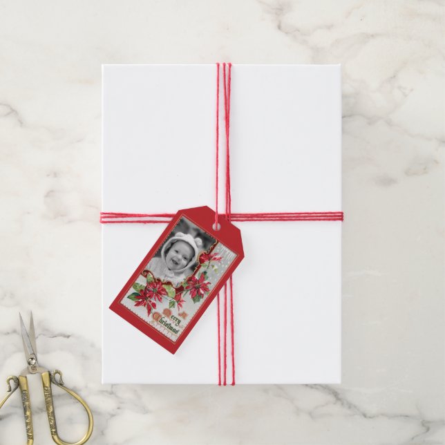 Customizable Poinsettia Photo Gift Tags (With Twine)