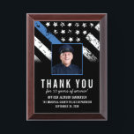 Customizable Police Retirement Photo Employee Award Plaque<br><div class="desc">This design features a police force flag with black and white stripes, and a thin blue line stripe as well. This design is great for showing appreciation to an officer celebrating an anniversary or thanking a retiring law enforcement officer, sheriff, captain, or chief for their years of service. Customize even...</div>