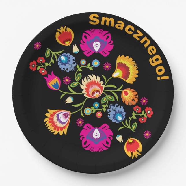 Customizable Polish folklore with pink flowers  Paper Plates (Front)