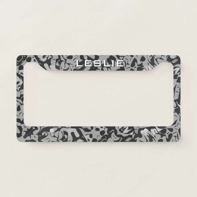 Customizable Pollock Abstract Pattern Black Grey License Plate Frame (Front)