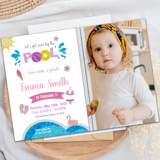 Customizable Pool Party Invitations for Kids (Sun Pink Purple Pool Birthday Invitations w photo)