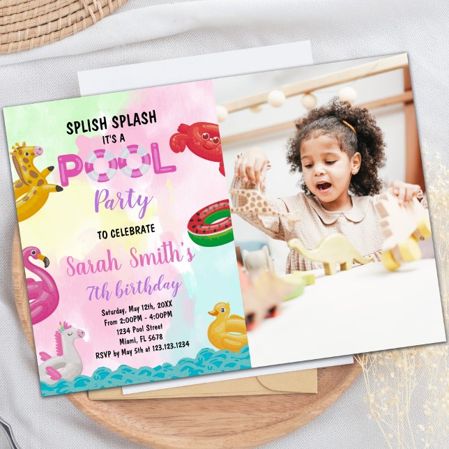 Customizable Pool Party Invitations for Kids (Pink Pool Birthday Invitations with photo)