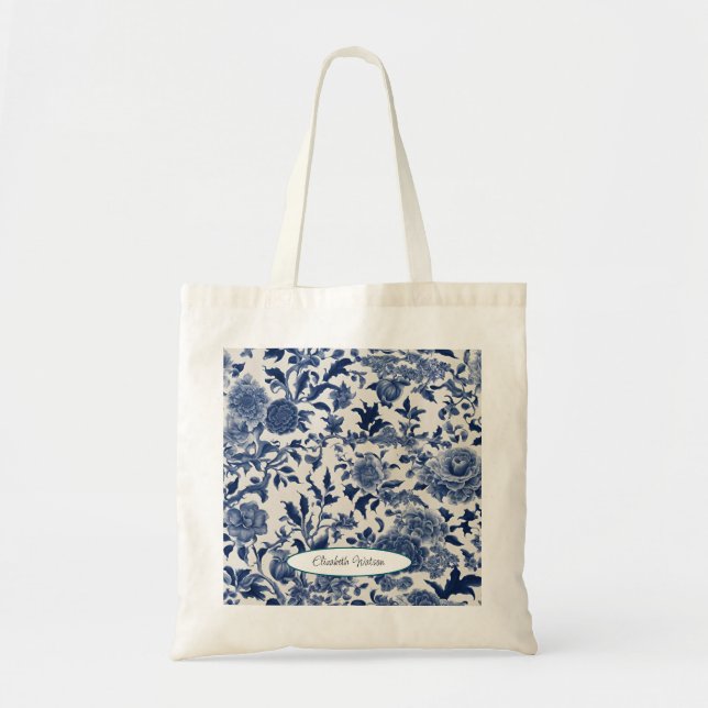 Customizable Porcelain Elegance: Blue Floral Tote Bag (Front)