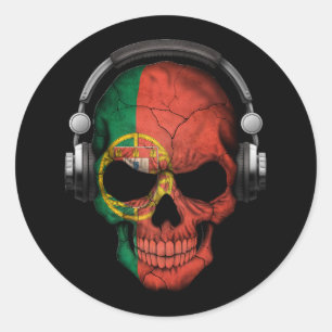 Customizable Portuguese Dj Skull with Headphones Classic Round Sticker
