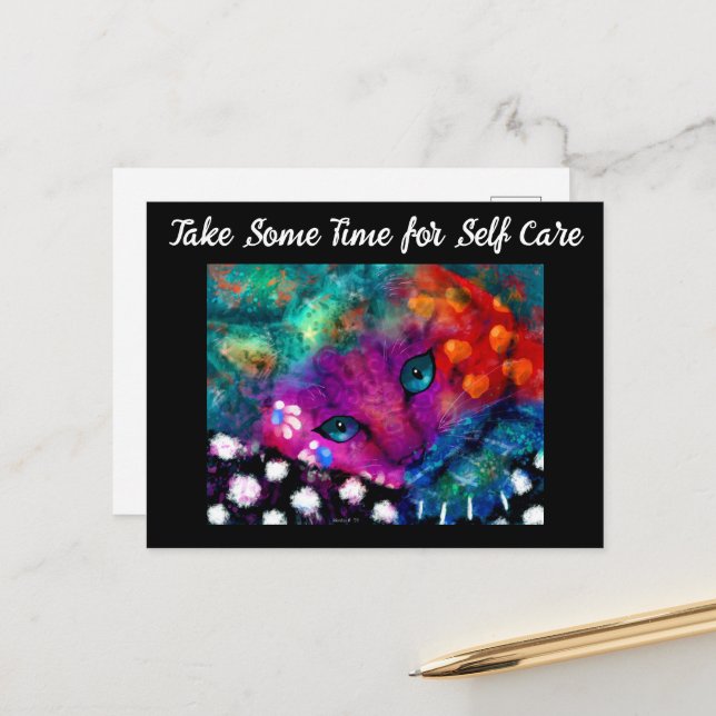 Customizable Postcard - Whimsical Cat Self Care (Front/Back In Situ)