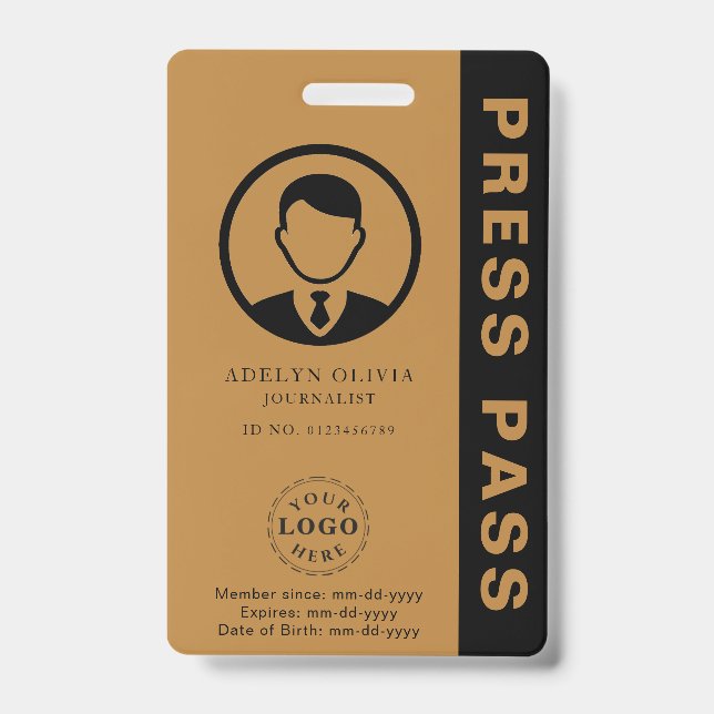 Customizable Press Pass with Photo ID & Barcode Badge (Front)