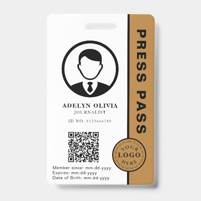 Customizable Press Pass with Photo ID & QR Code Badge (Front)