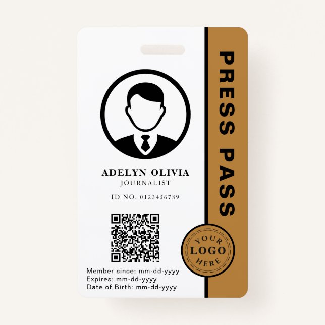Customizable Press Pass with Photo ID & QR Code Badge (Front)