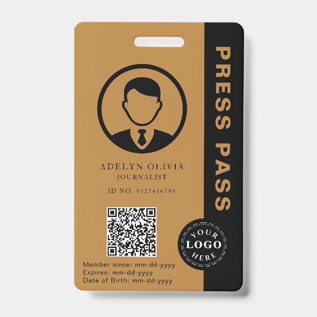 Customizable Press Pass with Photo ID & QR Code Badge (Front)