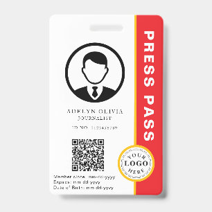 Customizable Press Pass with Photo ID & QR Code Badge
