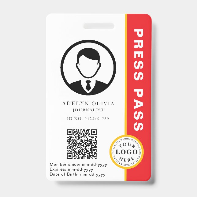 Customizable Press Pass with Photo ID & QR Code Badge (Front)