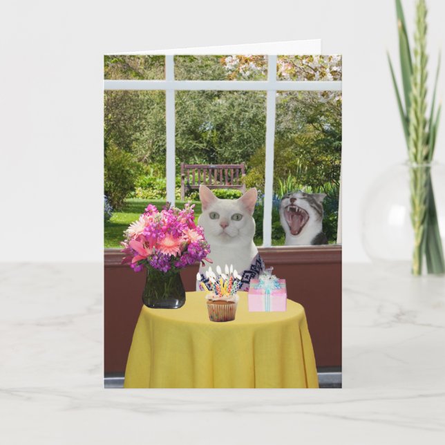 Customizable Pretty Cat Female Photobomb Birthday Card (Front)