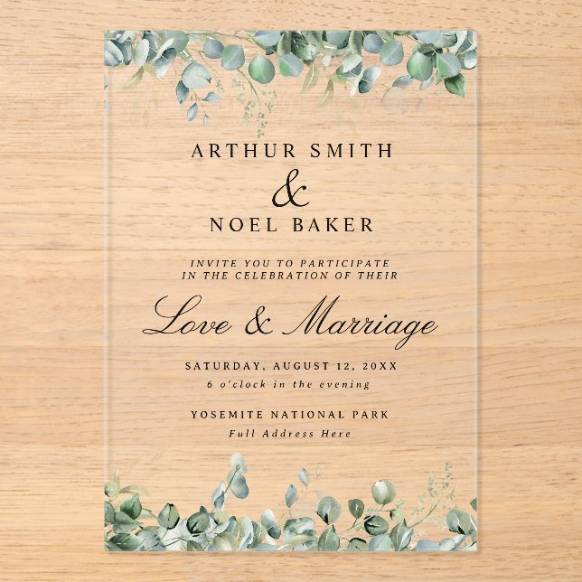 Customizable Pretty Eucalyptus Wedding  Acrylic Invitations (Front)