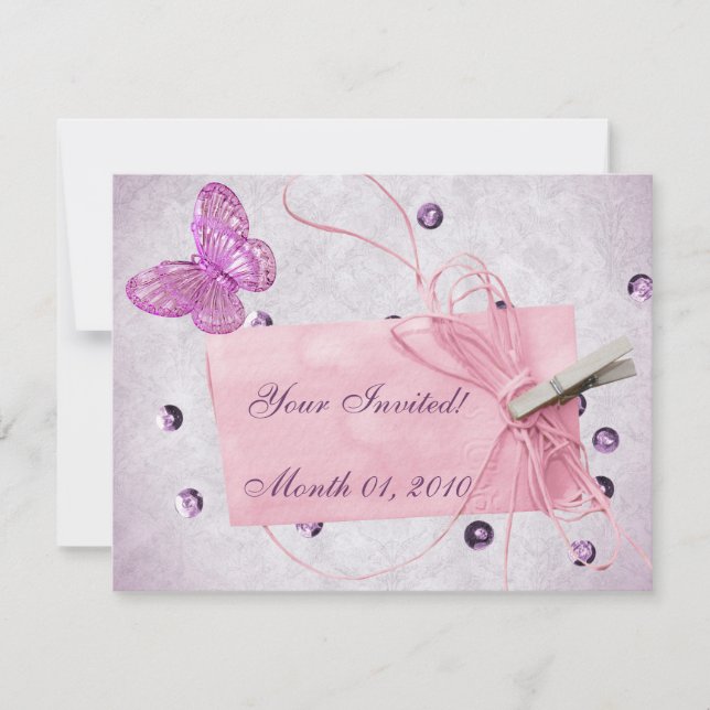 Customizable Pretty Pink Butterfly Design Invitation (Front)