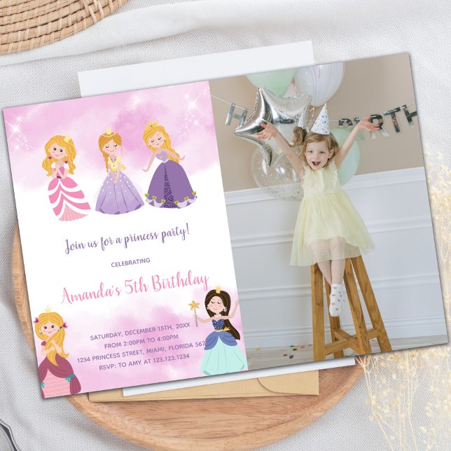 Customizable Princess Party Invitations for Kids (Pink Princesses Birthday Invitations with photo)