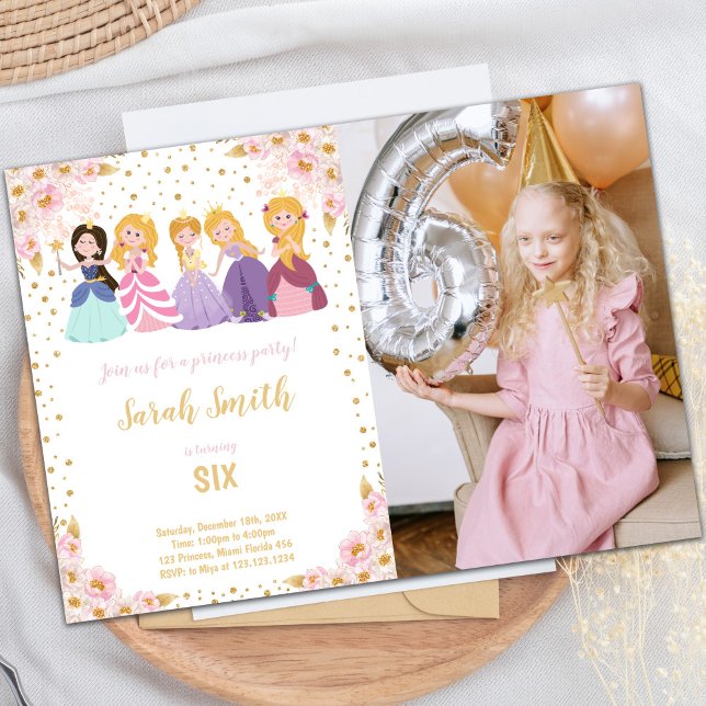 Customizable Princess Party Invitations for Kids (Pink Floral Glitter Princess Cards with photo)
