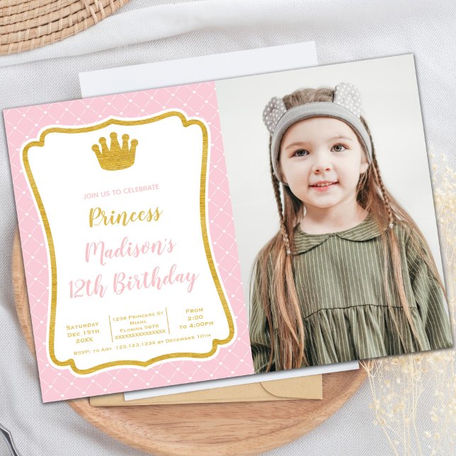 Customizable Princess Party Invitations for Kids (Pink Fram Crown Princess Cards with photo)