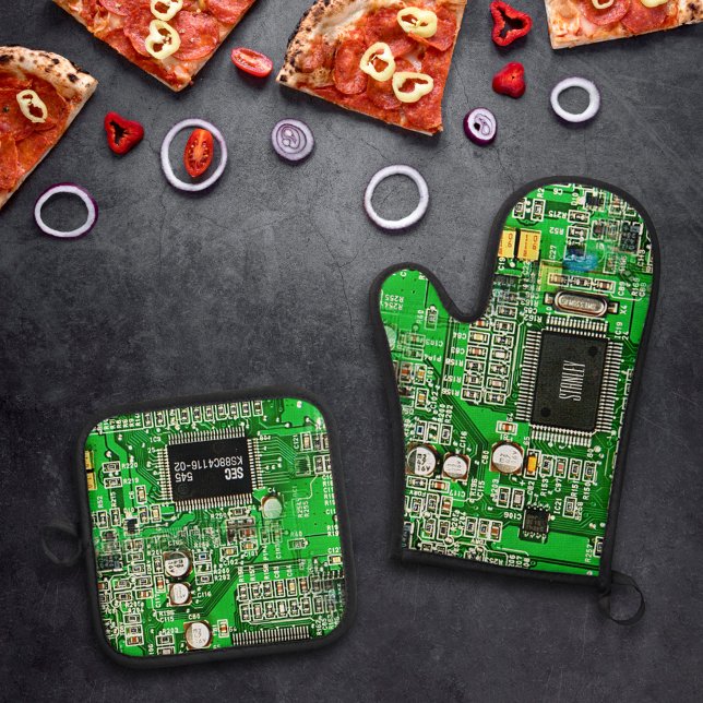 Customizable Printed Circuit Board - Green Geeky Oven Mitt & Pot Holder Set (Creator Uploaded)