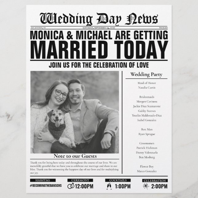 Customizable Printed Wedding Newspaper Program (Front)